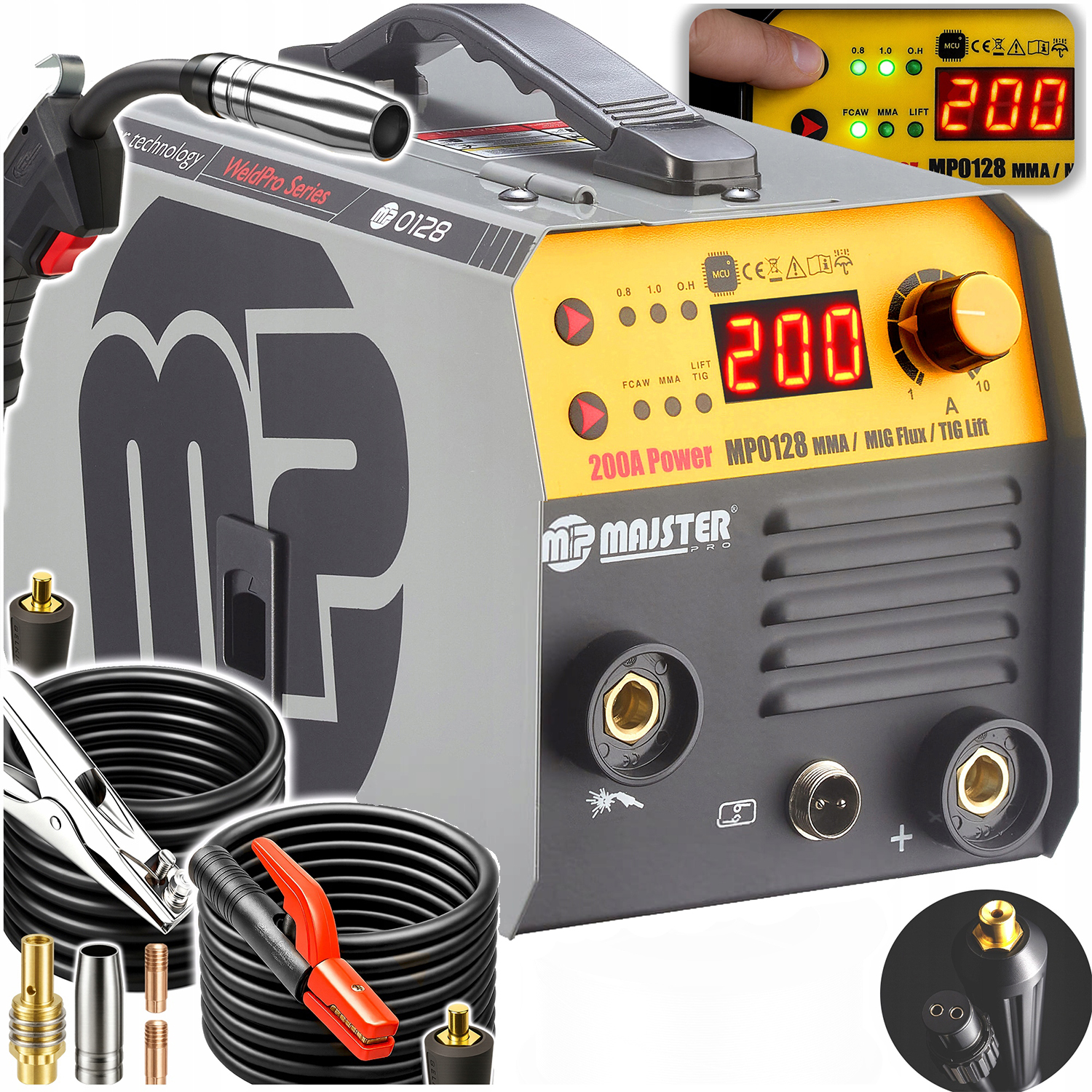 Zdjęcie produktowe spawarki inwertorowej Majster Pro MP-0128 o mocy 200A. Urządzenie ma szarą obudowę z pomarańczowym panelem przednim, na którym znajduje się cyfrowy wyświetlacz i przyciski funkcyjne. Wokół spawarki rozłożone są profesjonalne akcesoria: uchwyt spawalniczy MIG, przewód z uchwytem elektrodowym, przewód masowy oraz zapasowe dysze i końcówki prądowe. Grafika podkreśla wielofunkcyjność urządzenia: MIG, MMA, TIG.